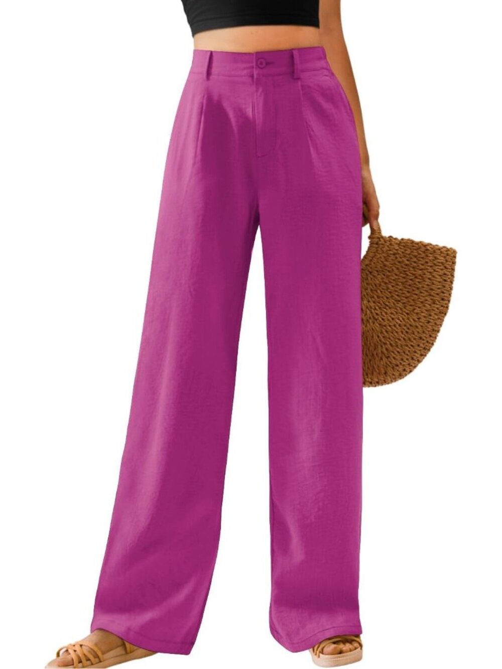 Women's  Dragon Fruit Red High Waisted Button Down Long Casual Wide Leg Pants